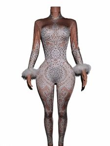 Sexy White Lace Rhinestes Mono Mujer Cantante Etapa Body Traje Fiesta Celebrar Unitard Glisten Stes Outfit Baileisi B3uM #