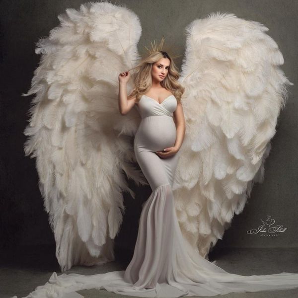 Sexy Blanc Sirène Maternité Robes De Bal Pour Séance Photo Col En V Sans Manches Chemise De Nuit Photographie Grossesse Femmes Robes Baby Shower