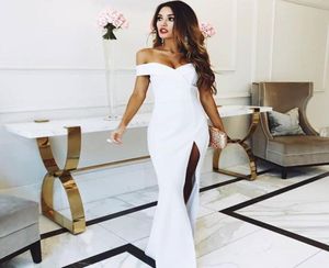 Sexy wit van de schouder Satin Mermaid Long prom jurken Side Slit avondjurken Formele feestjurken9652788
