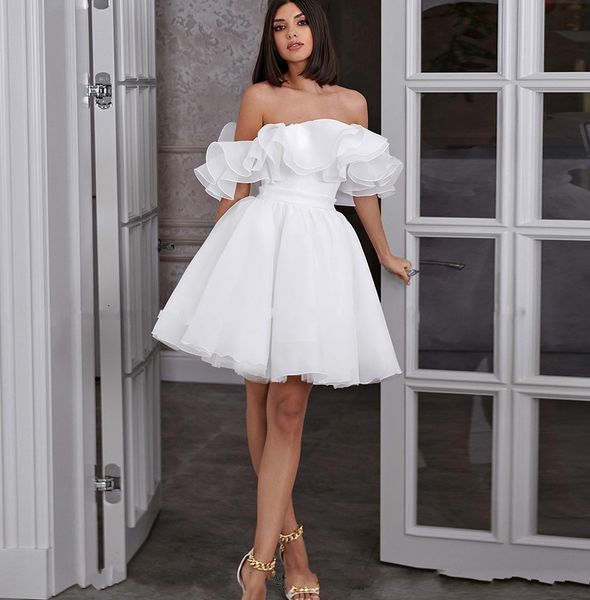 Sexy Blanc Organza Robe De Mariée Civile 2024 Hors Épaule Une Ligne Courte Robe De Mariée Couches Volants Vestidos De Novia Mini