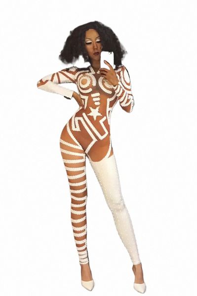 Sexy Blanc Sparkling Rhinestes Combinaison Dj Discothèque Chanteur Costume Femmes Discothèque Party Stage Porter Costume Danse Chanteur Porter v7Ve #
