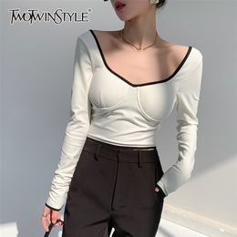 Maglietta bianca sexy per donna Colletto quadrato Manica lunga Backless Slim Top corto Abbigliamento moda femminile 210524