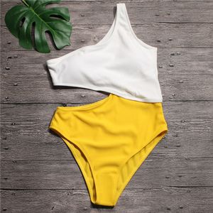 Sexy wit gele hoge taille uitgesneden trikini geribbelde badpak monokini asymmetrische schouder badmode vrouwen een stuk badpak C18122801