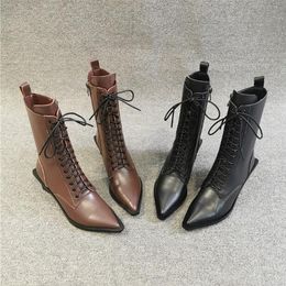 Sexy Femme Chunky talon Martin Bottes En Cuir Véritable Solide Demi-Bottes Designers À Lacets Bout Pointu EUR Mode Moto Botte