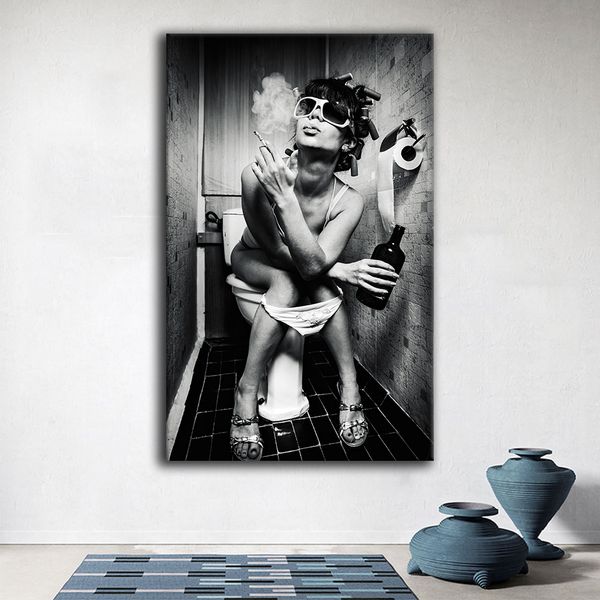 Mujer sexy en el inodoro Póster Póster Blanco y negro Cabillo caliente Pintura al óleo Retro Giclee Canvas Arte de pared Fotografías para el dormitorio Decoración moderna del hogar