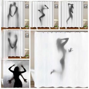 Sexy Woman Shadow Cortina de ducha Fondo blanco Chica Diseño creativo Baño Blackout Impermeable Tela de poliéster Cortinas Set 210609