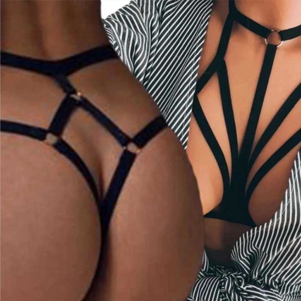 Sexy Femmes Bandage Soutien-Gorge Creux String Culotte Lingerie T Back Transparent Lingerie Dames Ouvert Entrejambe Jouet Culotte Sous-Vêtements Cadeau L230626