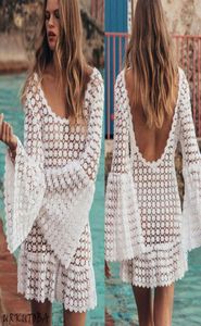 Sexy Vrouwen Bikini Cover Up Lange Mouw Strandkleding Zomer Kaftan Zwemjurk Wit Kant Gehaakt Badpak Badpak Sarongs7911251