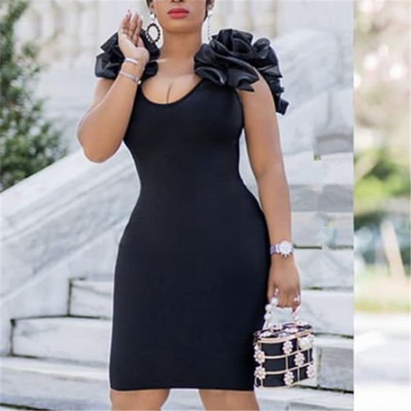 Sexy Femmes Robe Noire Moulante O Cou Volant Fête Sans Manches Slim Robe Célébrer Événement Nuit Serrée Africaine Plus Taille Mode 210416