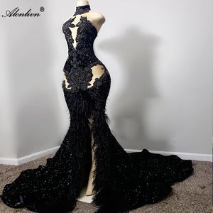 Sexy femmes noir trompette Flormal robes de bal avant fendu luxe dentelle perles strass et perles licou col sirène creux dames robes de soirée de bal
