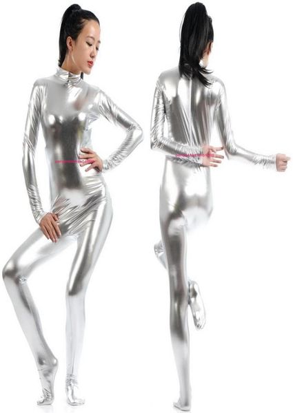 Traje de cuerpo de mujer sexy Disfraces de plata brillante Lycra metálico Women039s Disfraz de catsuit Sin cabeza Fiesta de Halloween Vestido de lujo Co4588821