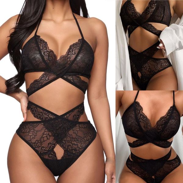 Sexy femmes croix dentelle sans fil soutien-gorge noir Lingerie string ensemble sous-vêtements-vente Vintage couleur unie femmes culottes