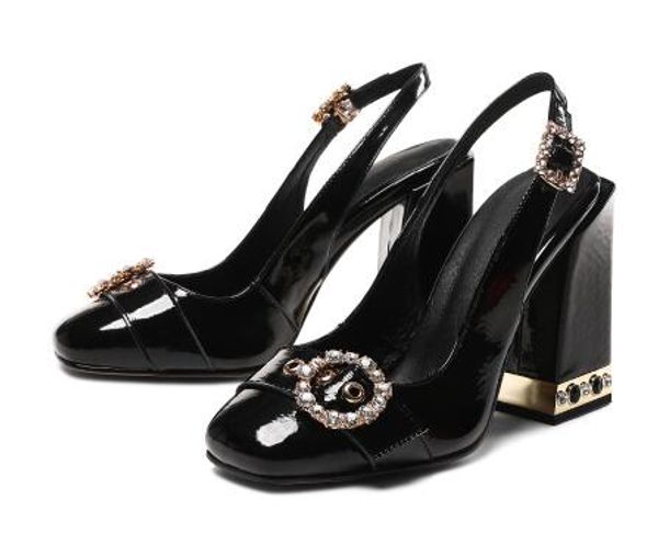 Zapatos de tacón alto grueso con hebilla de cristal para mujer, zapatos de tacón con punta cuadrada y diamantes de imitación ostentosos para mujer