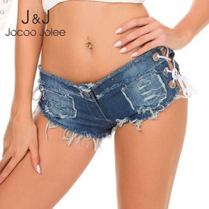 Sexy Dames Denim Shorts Dames Mini Micro Denim Jean Twerk Lace Up Skinny Shorts Ultra Low Rose Show Summer Shorts 210518