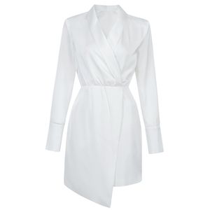 Sexy femmes robe élégante automne hiver moulante Blazer Club Mini fête blanc profond col en V à manches longues vêtements 210515