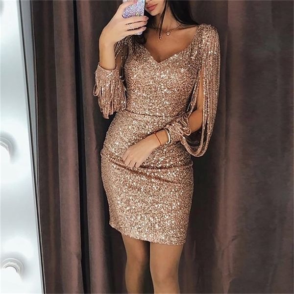 Vestido de mujer sexy Lentejuelas Brillo Sparkle Cuello en V profundo Lentejuelas Borla Manga larga Corto Mini Fiesta de noche Abrigo Paquete de cadera Vestido 220406