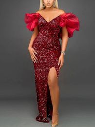 Sexy Femmes Même Robe Paillettes Encolure Moelleuse Manches Haute Fente Velours Robes Grande Taille Maxi Longue Soirée Formelle Robe De Bal 240401