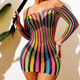 Sexy Women Fishnet Cover Up Rainbow Hollow Out Bodycon Robe Sans Bikini Vacation Beachwear Women's Swimwear CT011