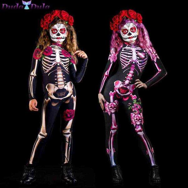 Sexy Mujer Chica Halloween Esqueleto Rosa Scary Cosplay Mono Diablo Fantasma Mono Fiesta Carnaval Rendimiento 3D Imprimir Body Y220819