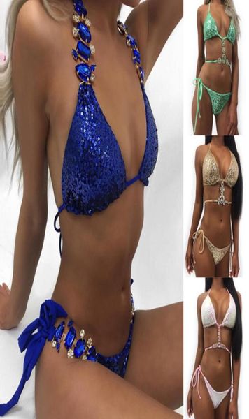 Sexy femmes paillettes paillettes cristal maillots de bain bikinis ensemble or vert bleu Monokini push up rembourré maillot de bain maillot de bain brésilien9143935