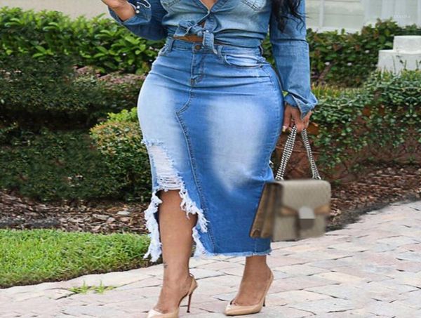 Femmes sexy taille haute denim détruit jupes trous glands fendus déchiré jupes longues trous jeans femme casual16209461