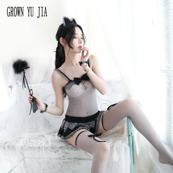 Sexy femmes évider jupe en filet bas costume cosplay tentationmaid uniformes de femme de chambre française jupe lingerie japonaise jeu de sexe 240307