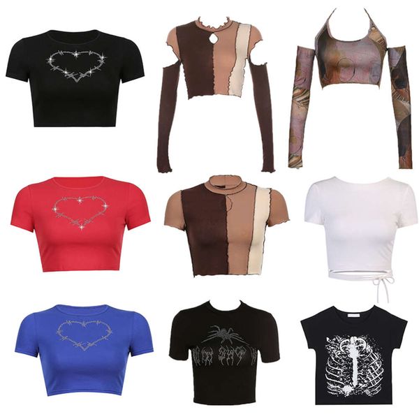 T-shirt manches longues ajouré pour femmes, haut court, Haruku, mode Y2k, Style coréen, débardeur tricoté, vêtements de rue, col rond, court