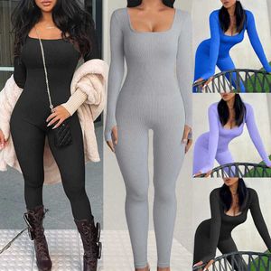 Women Jumpsuits Designer Slim Sexy One-piece Clothing Solid Autumn Winter New Threaded Square Neck Hip Lifting One-piece Pants Rompers