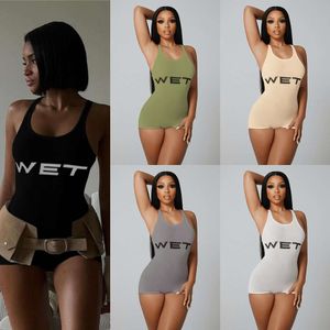 Sexy dames jumpsuit een stuk romper tanktop korte broek dames zomer nieuwe mode backless solide kleur opgeschort sport strakke jumpsuits natte brief bedrukt