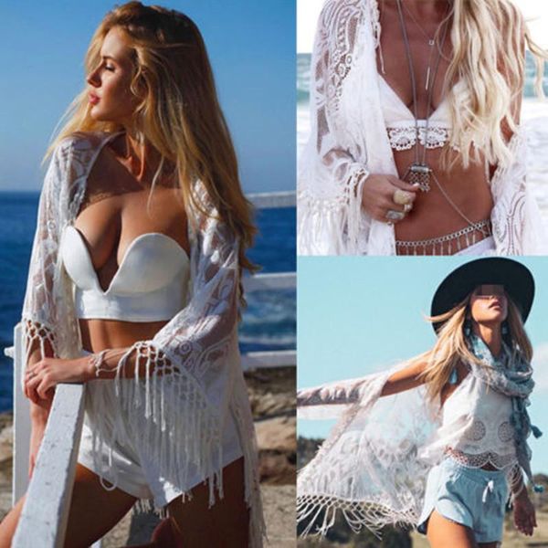 Sexy mujer encaje Floral borlas costura playa Cardigan Bikini cubrir abrigo blanco ropa de playa blusa tipo kimono largo Sarongs