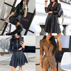 Sexy Women Lace Lace Party Robe Fashion Elegant Pu Leather Zipper Pocket Automne Casual Long Manche Long A-Line Vestidos Robes ES