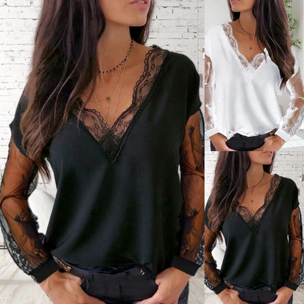 Sexy Women Lace Patchwork See Through Loose Blouse Chemise à manches longues à col en V pour femmes européennes et américaines X0521