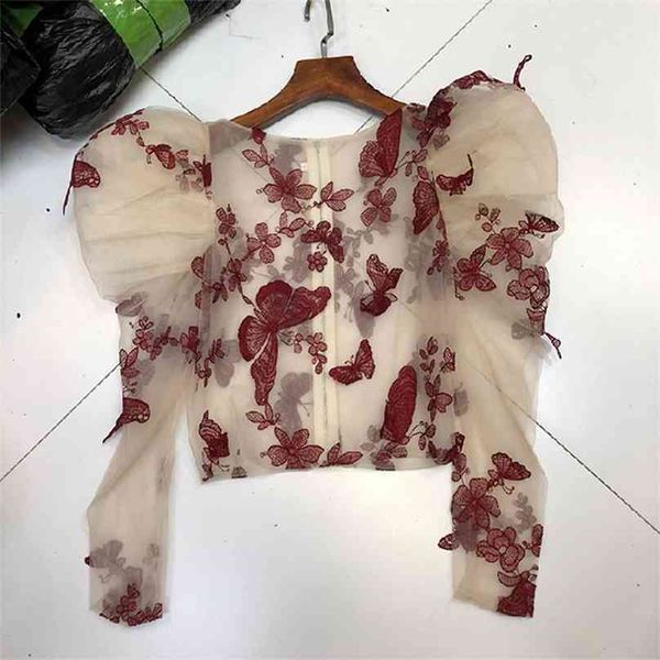 Sexy Women Lady Crochet Mesh Sheer See-Through Long Puff Sleeve Tops Shirt O-Neck Casual Butterfly Brodé Blouse Top 210719