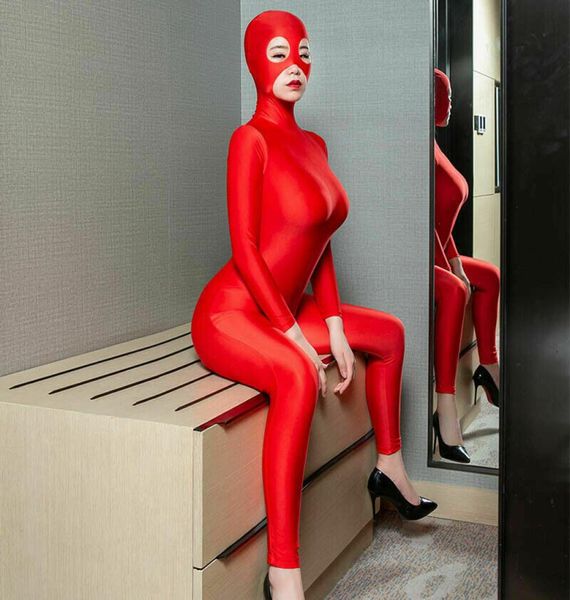 Sexy Women Lady Lycra Bodysuit Unidades una cremallera Zentai Sumpsuit Catsuit con capó cerrado Opes Opes Opes Ows Queen Clubwear5069156