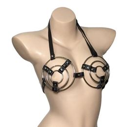 Sexy femmes bracelet en cuir anneau en métal coupe ouverte haut du corps poitrine harnais licou soutien-gorge haut fétiche jeu de rôle Punk Costume241W