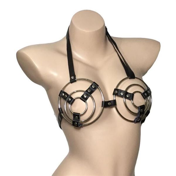 Sexy femmes bracelet en cuir anneau en métal coupe ouverte haut du corps poitrine harnais licou soutien-gorge haut fétiche jeu de rôle Punk Costume2333