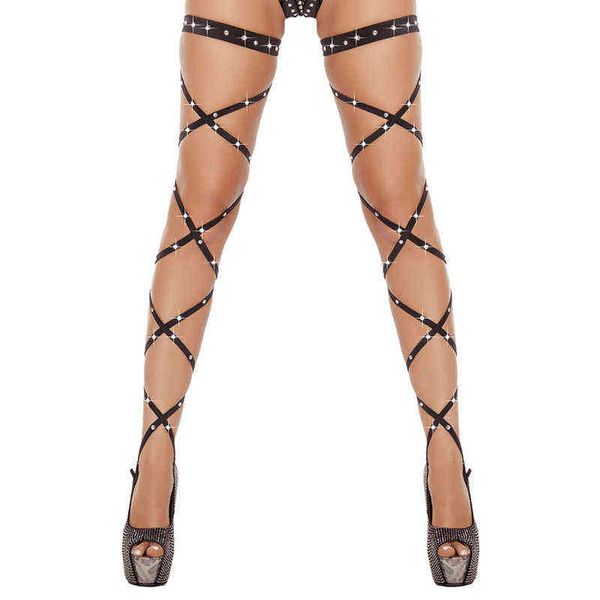 Sexy Femmes Lingerie Bandage Bas Résille Cuisse Haute Cristal Clouté Cuisse Haute Jambe Rave Wraps Bretelles Strass Collants Y1130