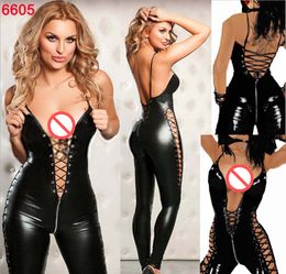 Sexy vrouwen lingerie erotische jumpsuit backless faux lederen paal danskostuum #t78