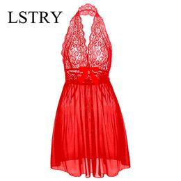 Sexy femmes Lingerie dame sous-vêtements dentelle robe de nuit rouge vêtements de nuit avec G-string Lstry vêtements de nuit manque arc serré 210924