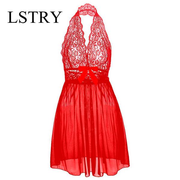 Mujeres sexy lencería dama ropa interior encaje vestido de noche ropa de dormir roja con tanga lstry ropa de dormir falta arco apretado 210924