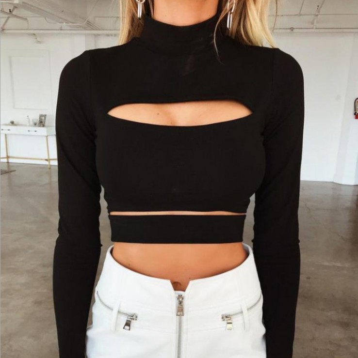 Seksi Kadınlar Uzun Kollu Cut Out T Shirt Kırpma Üstleri Clubwear Moda Bayanlar Yaz Sıcak Pamuk Siyah Delik Oymak T-shirt Sıcak