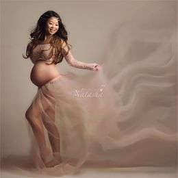 Sexy mujer maternidad fotografía conjuntos conjuntos para Baby Shower encaje Tops malla falda mujer embarazada embarazo sesión de fotos vestido