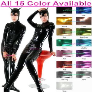 Sexy Vrouwen Mannen Catwoman Panty Bodysuit Kostuums 15 Kleur Glanzend Lycra Metallic Cat Catsuit Kostuum Unisex Volledige Outfit Halloween Pa309E