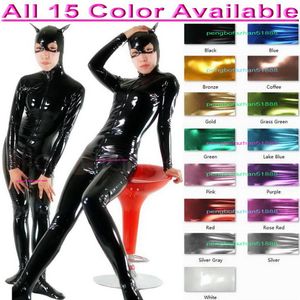 Sexy mujer hombre Catwoman medias mono disfraces 15 colores Lycra brillante gato metálico Catsuit disfraz Unisex traje completo Halloween Pa283d