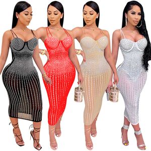 Sexy Women Night Club Vestidos Tallas grandes 3XL Midi Rhinestone Otoño Verano Bodycon Vestido de una pieza Malla Sheer Spaghetti Strap Faldas Clubs wear DHL 5567