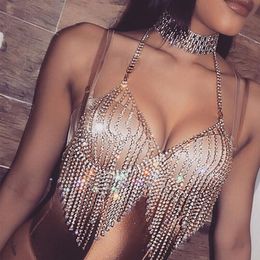 Sexy Vrouwen Nachtclub Bling Steentjes Party Body Chain Sieraden Bikini Taille Gouden Buik Strand Harnas Slave Ketting Beha Cami Tops254j