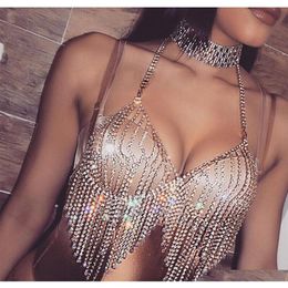 Sexy Vrouwen Nachtclub Bling Steentjes Party Body Chain Sieraden Bikini Taille Goud Buik Strand Harnas Slave Ketting Beha Cami Tops2461