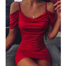 Сексуальное женское облегающее платье с открытыми плечами и рюшами, женское красное мини-платье с короткими рукавами, женское летнее вечернее платье для ночного клуба, Vestidos 210324248C