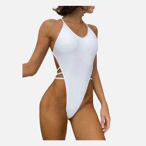 Sexy vrouwen één-piepen Backless Thong Swimwear 2023 Monokini Solid Hollow Color High Cut Bathing Suit