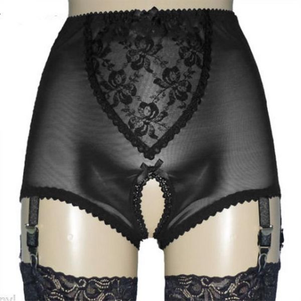 Short à entrejambe ouvert pour femmes sexy avec boucles à 4 métaux Bretelles courtes en dentelle et maille Lingerie porte-jarretelles élastique avec satin Bo234N